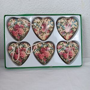 6 Vintage Decoupage Rose Heart Victorian Rose Ornaments 3.25" Pink Green Beige